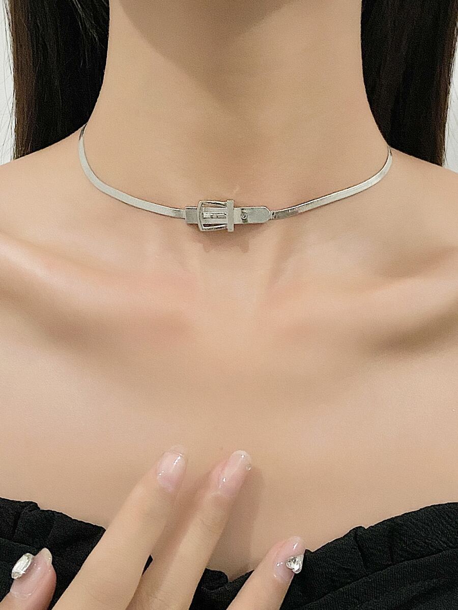 1pc Creative Design Snake Bone Chain With Belt Buckle Pendant Necklace, Personalized And Fashionable Accessory - Silver - View 1