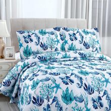 3Pcs Summer Beach Bedspreads Set King Queen Twin Size Lightweight Coastal Ocean Theme Quilts Seashell Conch Coverlet Sets Starfish Seahorse Seaweed Printed Bedding Pillow Shams - 綠色海軍藍 - 查看 2