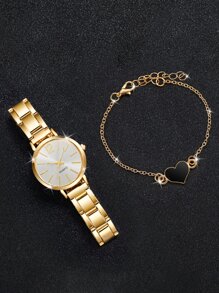 Juego de brazalete y reloj de pulsera de cuarzo de esfera sencilla con correa de acero de moda para damas (2 piezas/set) como regalo para estudiantes que regresan a la escuela - Dorado - Ver 4