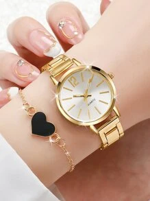 Juego de brazalete y reloj de pulsera de cuarzo de esfera sencilla con correa de acero de moda para damas (2 piezas/set) como regalo para estudiantes que regresan a la escuela - Dorado - Ver 1