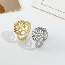 1pc Waterdrop Shaped Rhinestone Inlaid Ring For Women, Life Tree Hollow Out Design, Suitable For Daily Wear - Gold - View 2