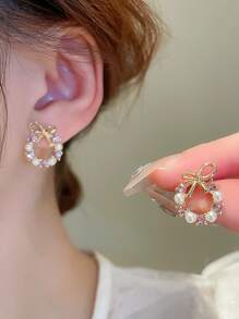 Andkiss 1pair Bow-shaped Earrings Inlaid With Rhinestone - Multicolor - View 1