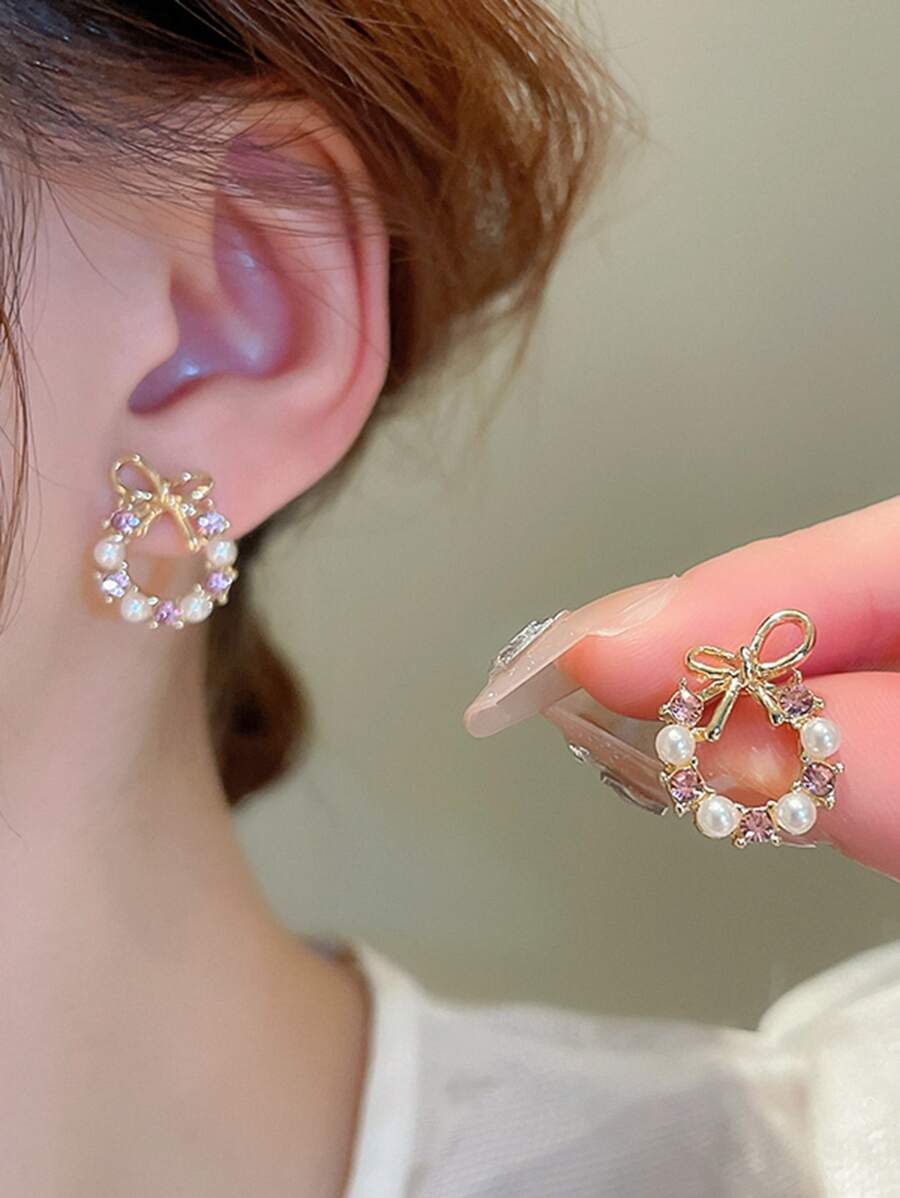 Andkiss 1pair Bow-shaped Earrings Inlaid With Rhinestone - Multicolor - View 1