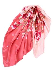1pc Pink Ditsy Flower Pattern & Gold Branch Print Silk Scarf Square Scarf - Pink - View 5