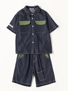 TIGER MINI 男孩翻蓋口袋落肩袖襯衫&短褲