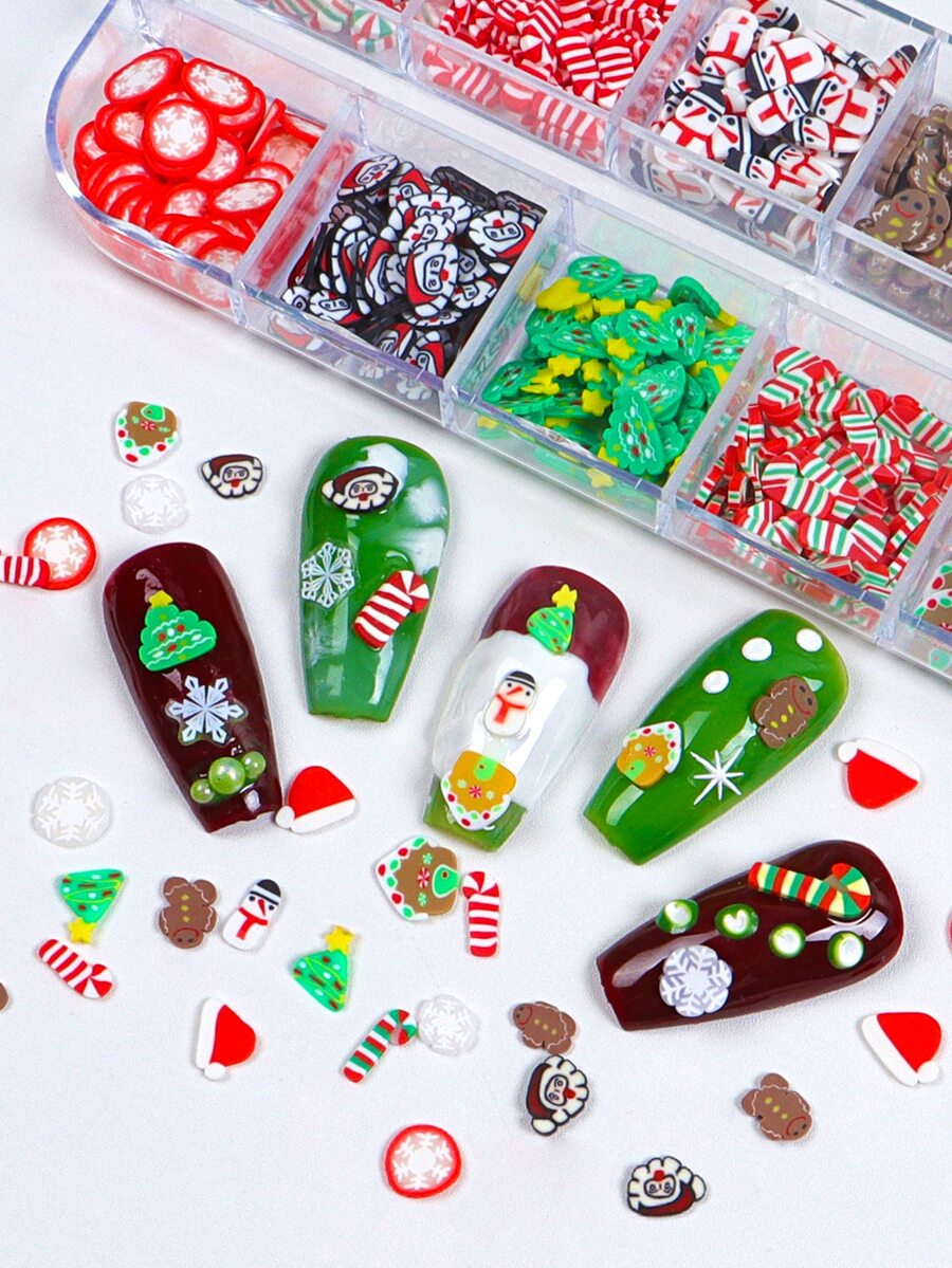 12 格聖誕指甲裝飾品聖誕節聚合物黏土片雪花麋鹿冬季新年假期美甲裝飾配件 - 杏色 - 查看 1