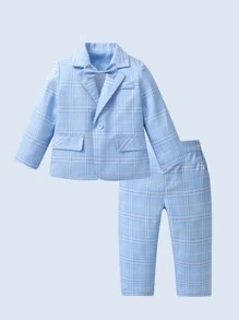 BOARNSEORL 2 件套男婴西装套装，随机配蓝色格子西装裤，适合婚礼、宴会、生日、派对、正式活动 - 淺藍色 - 查看 1