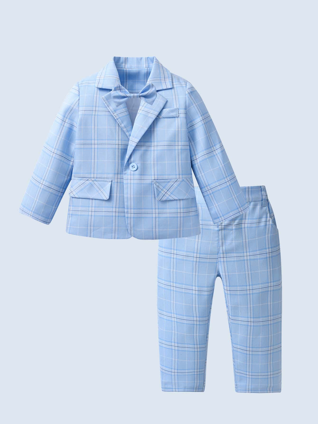 BOARNSEORL 2 件套男婴西装套装，随机配蓝色格子西装裤，适合婚礼、宴会、生日、派对、正式活动 - 淺藍色 - 查看 1