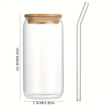 1 Set Glass Cups With Bamboo Lids And Glass Straw - Beer Can Shaped Drinking Glasses, 500ml/17 Oz Iced Coffee Glasses, Cute Tumbler Cup For Smoothie, Boba Tea, Whiskey, Water