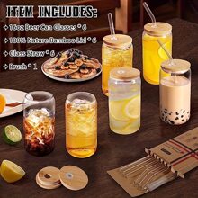 1 Set Glass Cups With Bamboo Lids And Glass Straw - Beer Can Shaped Drinking Glasses, 500ml/17 Oz Iced Coffee Glasses, Cute Tumbler Cup For Smoothie, Boba Tea, Whiskey, Water