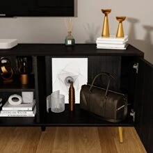 TV Stand for TV up to 65", Modern Wood Universal Media Console with Metal Legs, 2 Storage Cabinets & 2 Open Shelves, Home Living Room Furniture Entertainment Center