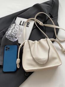 时尚简约小方形 PU 皮包，百搭休闲单肩包/斜挎包，面料舒适，磁性闭合，可调节可拆卸肩带，充足的存储空间，2025 年新款时尚水桶包设计 - 米色 - 查看 6