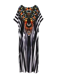 Striped Print Split Thigh Lounge Wear Caftan House Dress - Multicolor - View 9