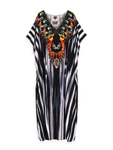 Striped Print Split Thigh Lounge Wear Caftan House Dress - Multicolor - View 8