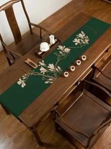 1件防水桌布,白色玉蘭花紋,適用於茶禮、餐廳和家庭使用 - 綠色 - 查看 1