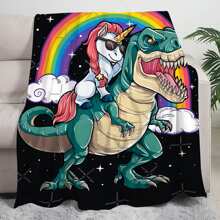 1pc Creative Rainbow Unicorn & Dinosaur Pattern Printed Blanket - Multicolor - View 1