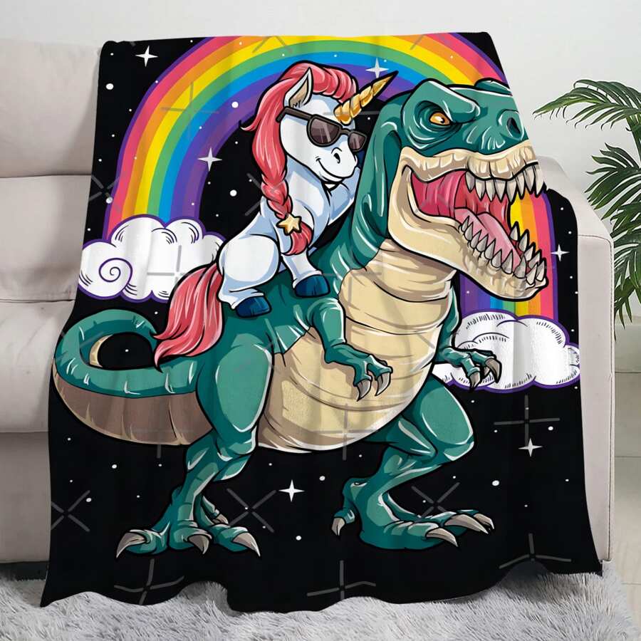 1pc Creative Rainbow Unicorn & Dinosaur Pattern Printed Blanket - Multicolor - View 1