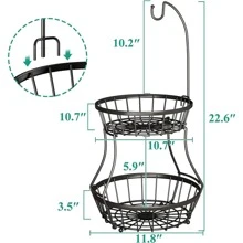 2 Tier Countertop Fruit Basket For Kitchen,Bread Vegetable Fruit Bowl Stand Detachable Metal Rectangular Wire Basket, Black Medium