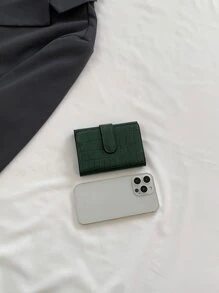 女士绿色 PU 皮革钱包，卵石纹理，多个卡槽，硬币袋，时尚便携式短款钱包，按扣开合，三折迷你硬币礼品，鳄鱼皮女士钱包，钱包，小钱包 - 綠色 - 查看 5