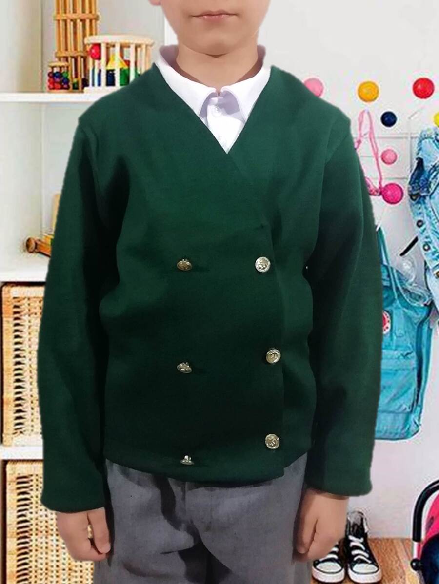 Suéter Cruzado Cuello V Con Botones Uniforme Escolar Para Escolta Punto Roma Tallas Reducidas - Verde Oscuro - Ver 1