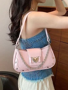 Y2k 心形裝飾鏈條單肩包/腋下包,街頭風格,適合女士日常生活和購物 - 粉色 - 查看 3