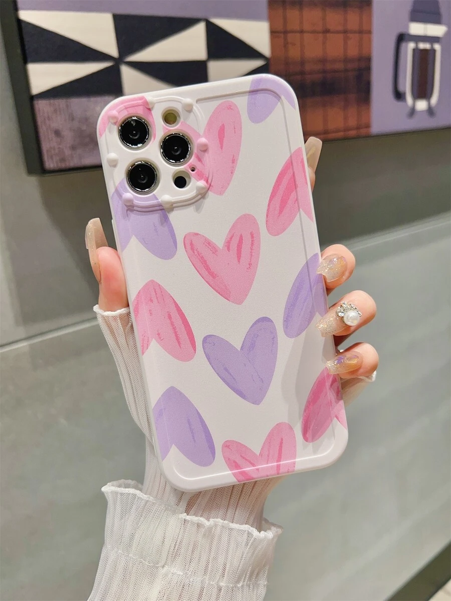 Pink & Purple Heart Shape Painting Anti-drop Phone Case Protective Cover - Multicolor - View 1
