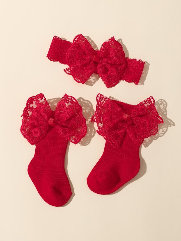 1 par de meias com laço de renda para crianças + 1 peça faixa de cabeça com laço de renda