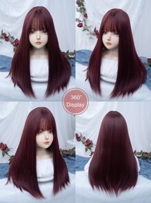 alicegarden 1 Piece Synthetic Heat-Resistant ,Straight Hair Wigs Red ,With Bangs, 24 Inches Long, Made From Fiber, Suitable For Daily Use, Natural And Realistic False Wig - Burgundy - View 7