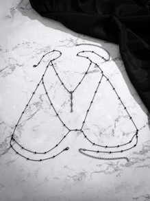 1入女士簡約時尚有珠子鏈光彩閃閃的水晶流蘇項鍊波西米亞風節日度假派對身體飾品 - 黑色 - 查看 2