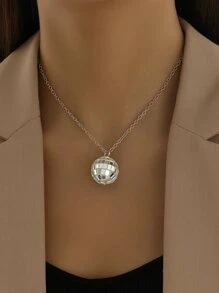 Disco Ball Pendant Necklace - Silver - View 1