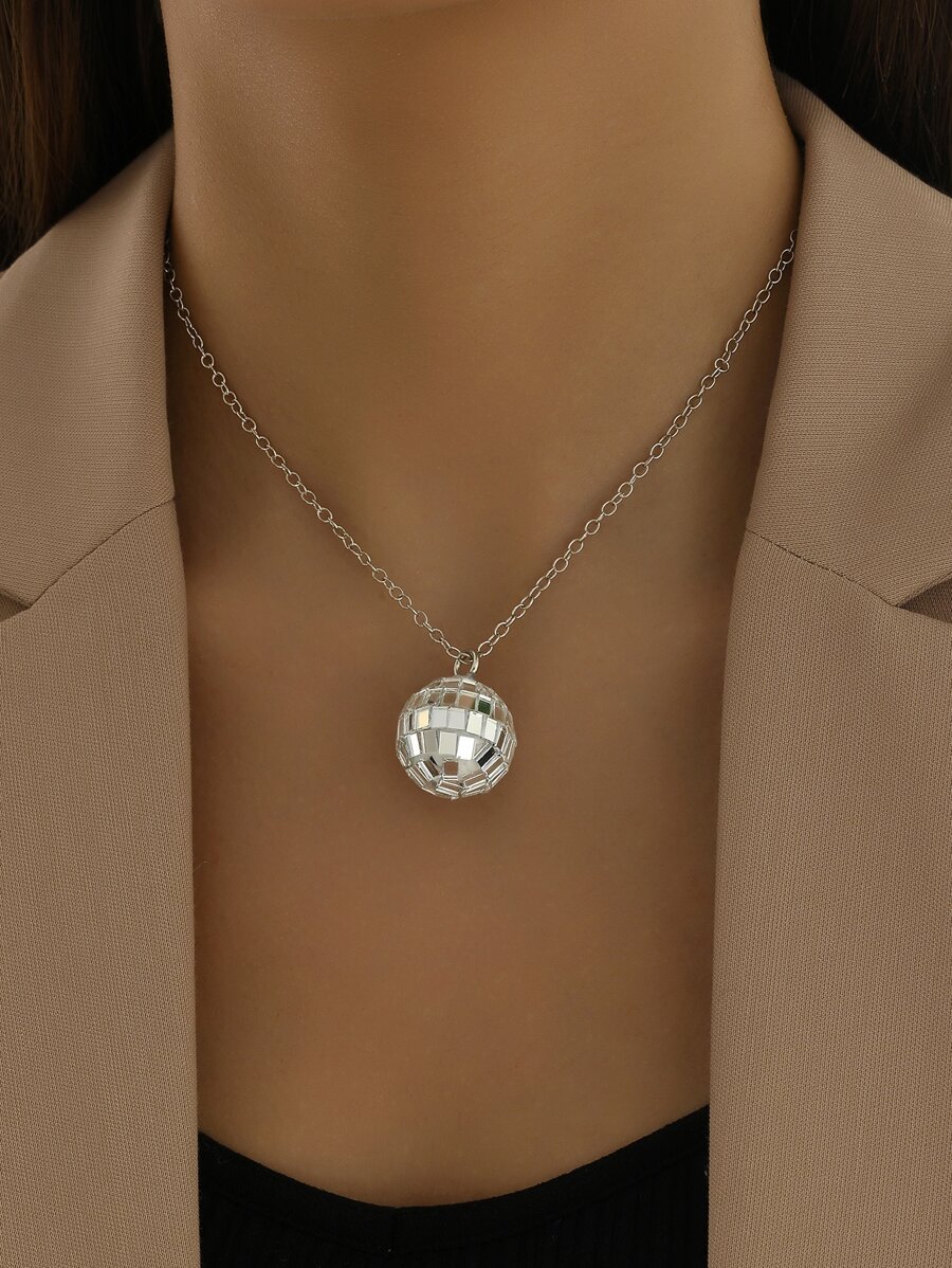 Disco Ball Pendant Necklace - Silver - View 1