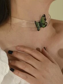 1入組萬聖節風格水晶點綴黑色&綠色蝴蝶吊墜項鍊