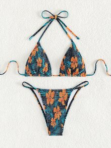 Shirred Halter Two-Piece Floral Bikini Set Summer - Navy Blue - View 2
