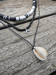 3 buc Colier cu pandantiv cu coadă și scoici de sirenă de epocă, colier de vară pentru bărbați din margele de ceramică, colier zilnic pentru surfer boem, potrivit pentru cadouri de bijuterii Etsy