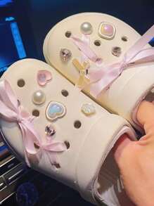 1set Sweet Ballet Style Pink Ribbon & Rhinestone Decor Shoe Clips For Girls