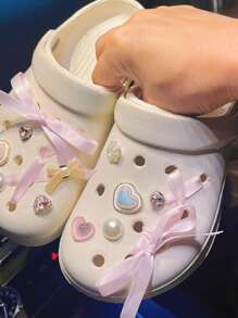 1set Sweet Ballet Style Pink Ribbon & Rhinestone Decor Shoe Clips For Girls