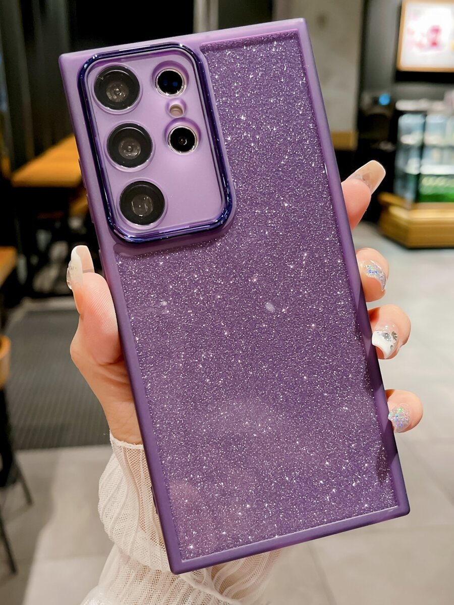 1pc And Gift Sister - Ins Simple Transparent Glittery Phone Case With Built-In Metal Lens Protection Ring,Compatible With Apple/Compatible With Samsung/Compatible With Oppo/Compatible With Xiaomi,International Version, Not The Domestic Version - Purple - View 1