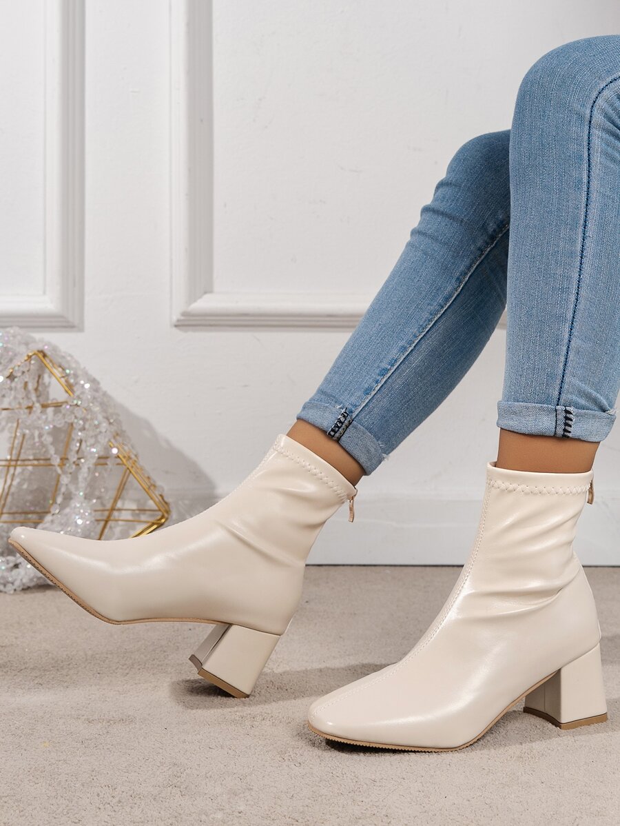 Botines nueva llegada de mujeres beige con grueso tacón con ajustado - Beis - Ver 1