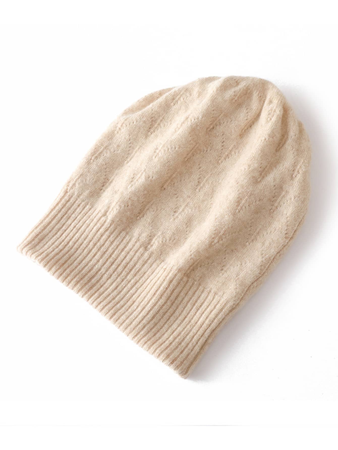 1頂女士100%純羊毛針織帽子,雙層加厚耳瓣,防風保暖,露孔設計,戶外休閒潮流韓式羊毛帽,秋/冬季 - 米色 - 查看 1