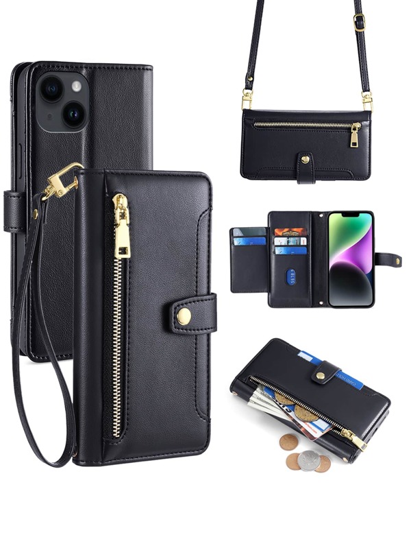 keyunfei 1 Peça Carteira Preta Multifuncional com Alça de Ombro Destacável, Vários Compartimentos para Cartão e Suporte, Compatível com Galaxy A36 5G/ A16 Pro/ A12/OnePlus Nord CE 2 5G/ Poco M3/Redmi Note 10s/Pixel 3A/ 16/ 16E