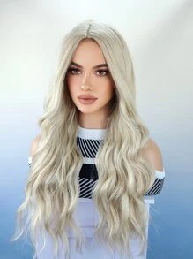 長髮波浪白金色合成假髮,鉑金中心剪裁假髮,適合日常穿著 - 米色 - 查看 4