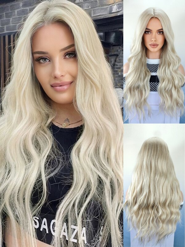 Long hair wavy white blonde synthetic wig with a platinum center cut wig suitable for daily wear