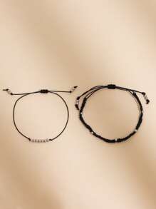 2pcs Bohemian Style Beaded Braided Anklets For Women's Summer Holiday Accessories - Black - View 3