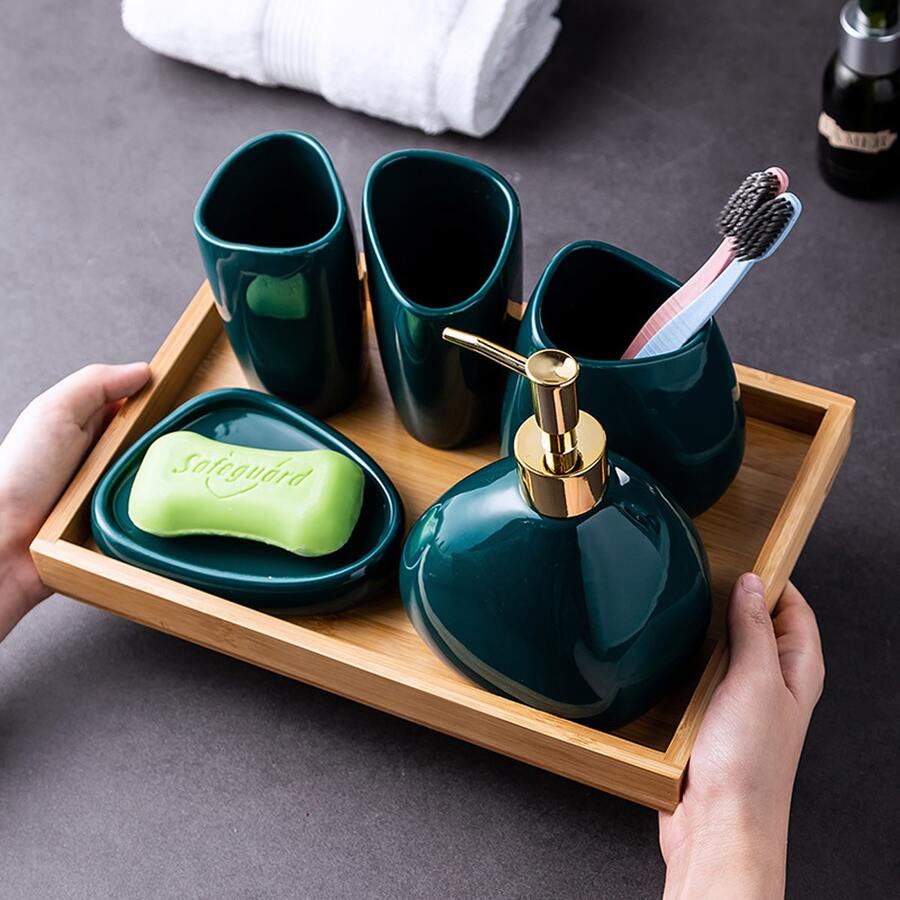5pcs Bathroom Set (excluding Tray), Dark Green Simple And Luxurious Ceramic Bathroom Accessories - Dark Green - View 1