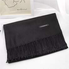 1入組女式素色流蘇長人造羊絨保暖披肩圍巾，簡約優雅風格，適合四季日常使用，黑色 - 黑色 - 查看 2