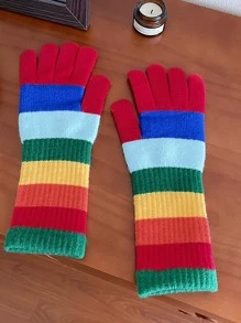 1pair Women's Fashion Rainbow Patterned Gloves, Suitable For Daily Use In Winter - Red - View 2
