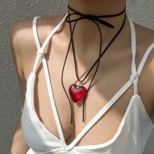 蜡线首饰简约个性化大心形吊坠项链情人节、妈妈、母亲、母亲节、礼物 - 紅色 - 查看 1