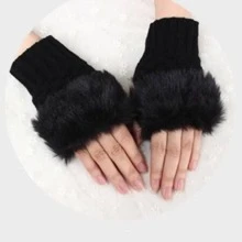 Women's Knit Gloves With Warm Furry Cuff For Autumn And Winter - Black - View 2
