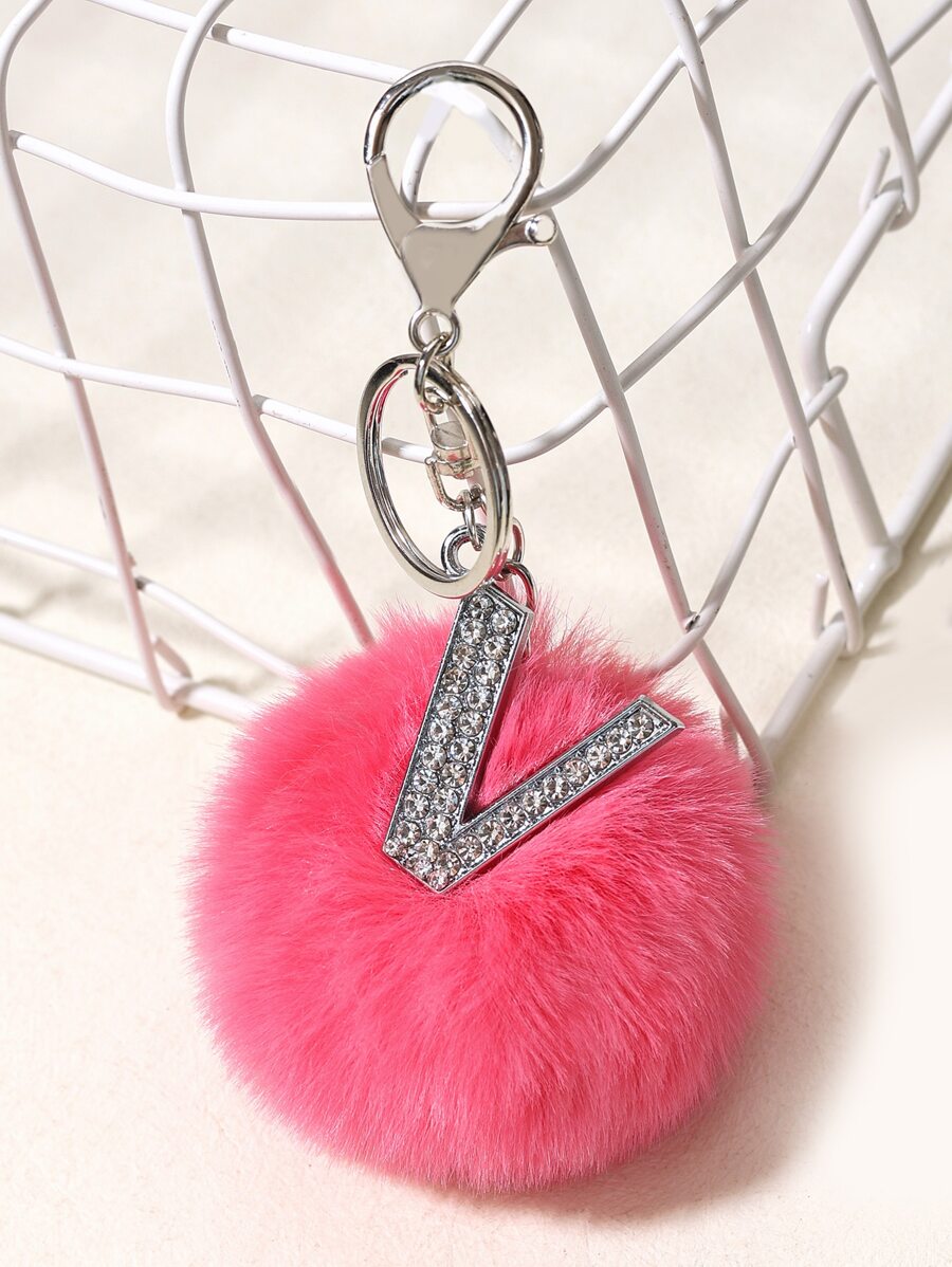 1pc Diamond-decorated Alphabet Shape Fur Ball Keychain Car Pendant Phone Charm - Watermelon Pink - View 1