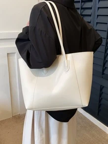 大容量、防水、便携、商务休闲简约优雅 PU 皮革大容量手提包，适合女士，适合少女、女大学生、新秀和白领人士，非常适合办公室、工作、商务、通勤、教师节、教师礼物，极简主义风格女包，时尚商务休闲女包，非常适合办公室商务和工作，时尚工作包女士，适合日常优雅和特殊场合 - 米色 - 查看 3